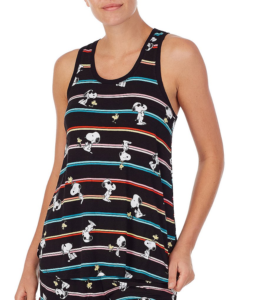Peanuts Striped Print Snoopy Toss & Woodstock Screen Print Jersey Knit Coordinating Sleep Tank