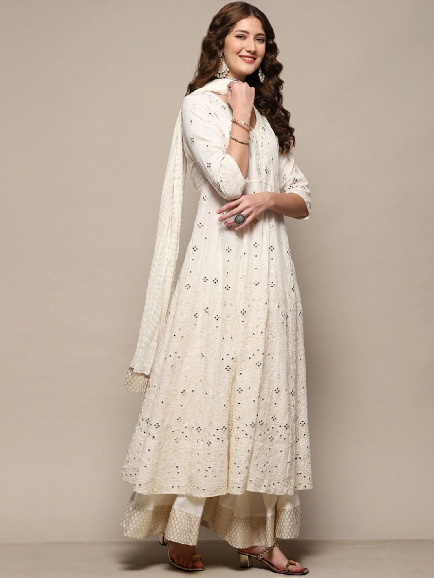 Biba Off-White Cotton Embroidered Kurta Skirt Set With Dupatta