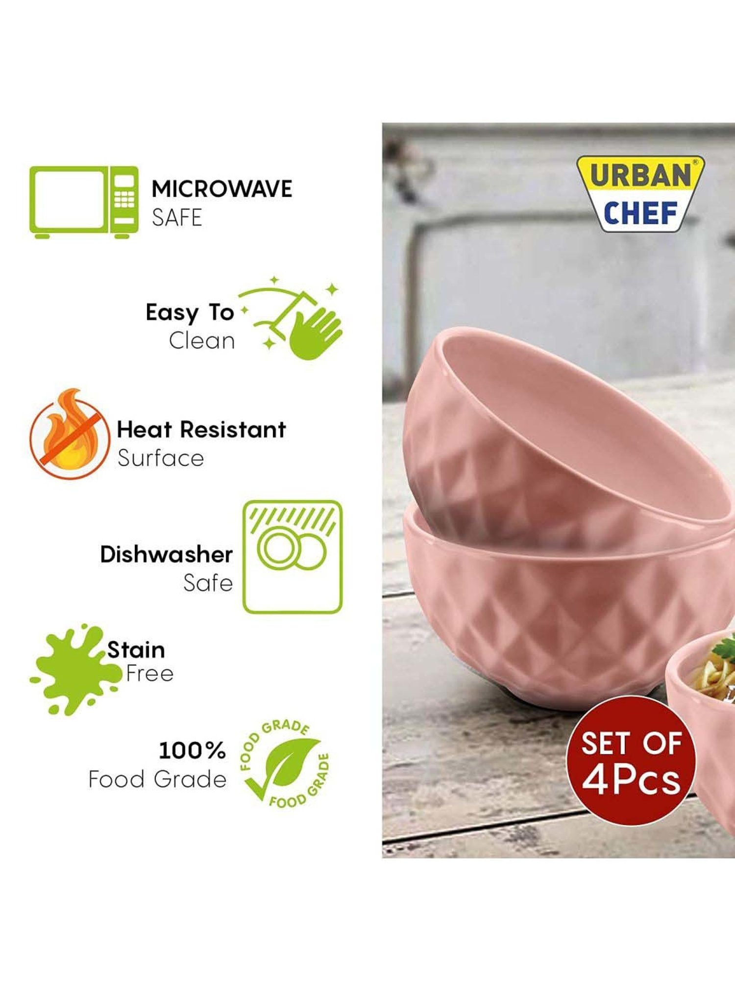 Urban Chef Pink Ceramic Handcrafted Microwave Safe Bowl (0.5 L) - Set of 4