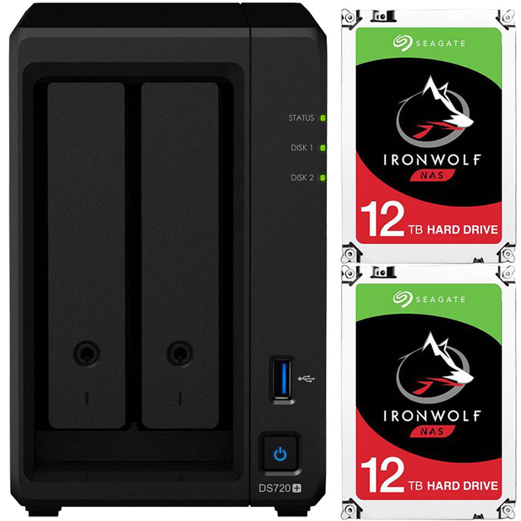 Synology DS720+ DiskStation with 2GB RAM and 24TB (2 x 12TB) of Seagate Ironwolf NAS Drives Fully Assembled and Tested By CustomTechSales