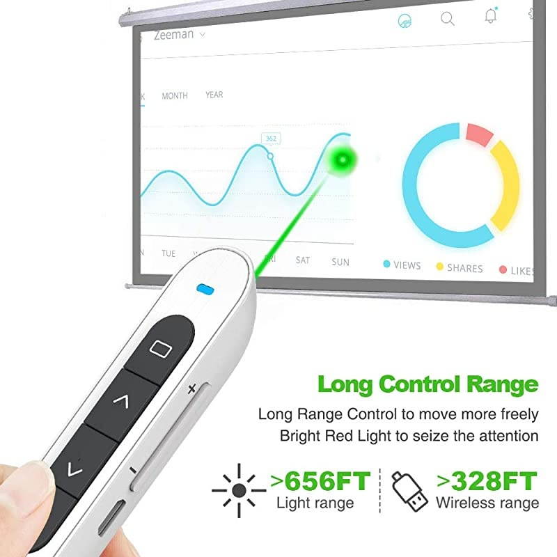 330FT  N76 Green Presentation Remote Rechargeable Wireless Presenter Remote with Green Light Presentation Pointer Slide Advancer Support HyperlinkVolumeKeyCustomized