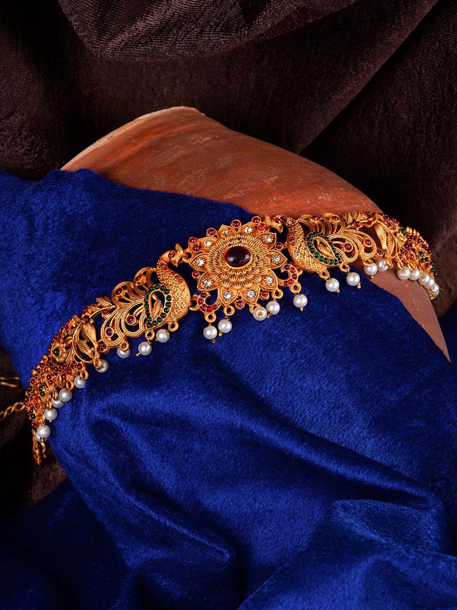 Saraf Rs Jewellery Gold Plated Kemp Stone Studded Pearl Beaded Peaacock Design Hip Belt Kamarbandh