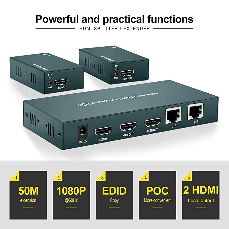 Extender Splitter 1x2, HD1080P@60Hz & 3D Visual, Extending 165ft (50m) Length Transmission Over CAT5e/CAT6/CAT7 Cable, 2 Channel Transmission with 2 Loop Out