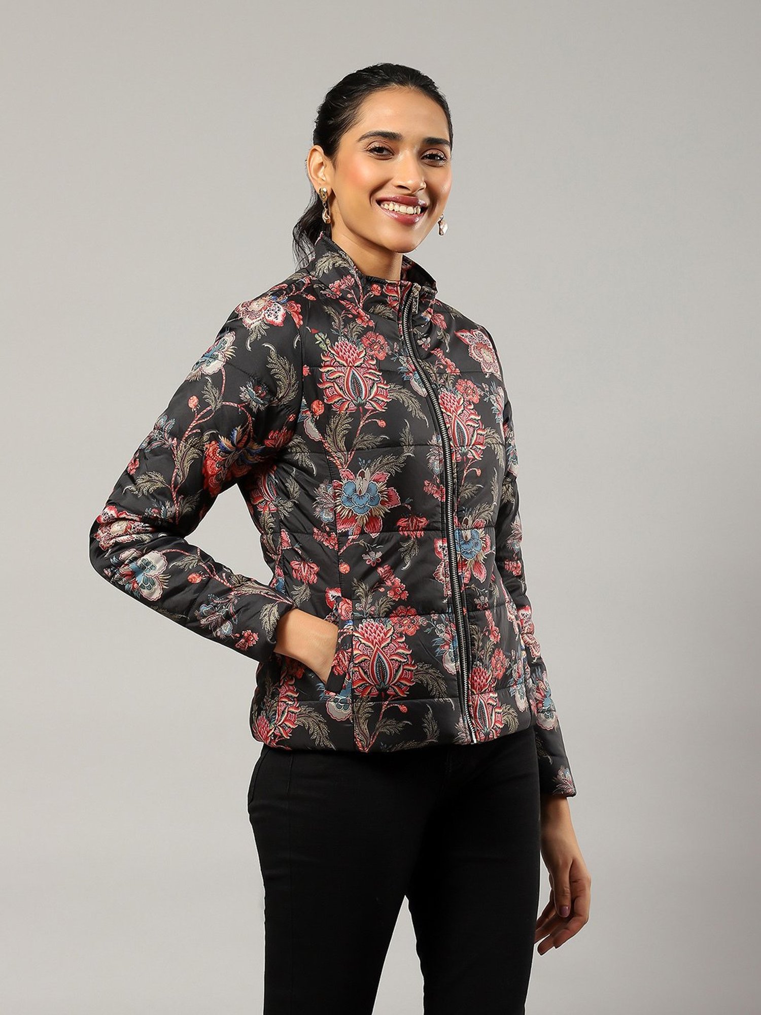 Label Ritu Kumar Black & Red Floral Print Puffer Jacket