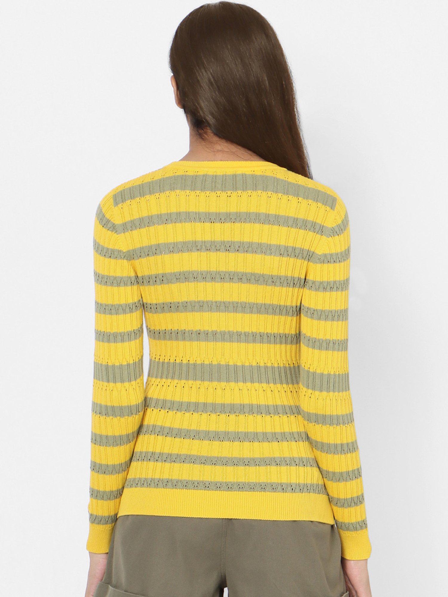 Only Yellow & Olive Cotton Striped Pullover