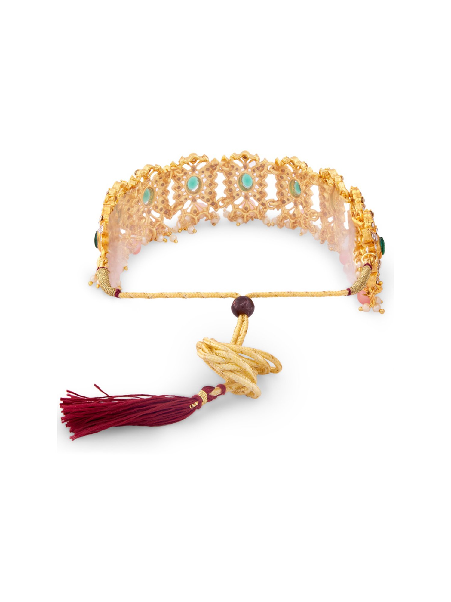 Zaveri Pearls Green & Pink Stones Traditional Choker Necklace Earring & Ring Set-ZPFK13803