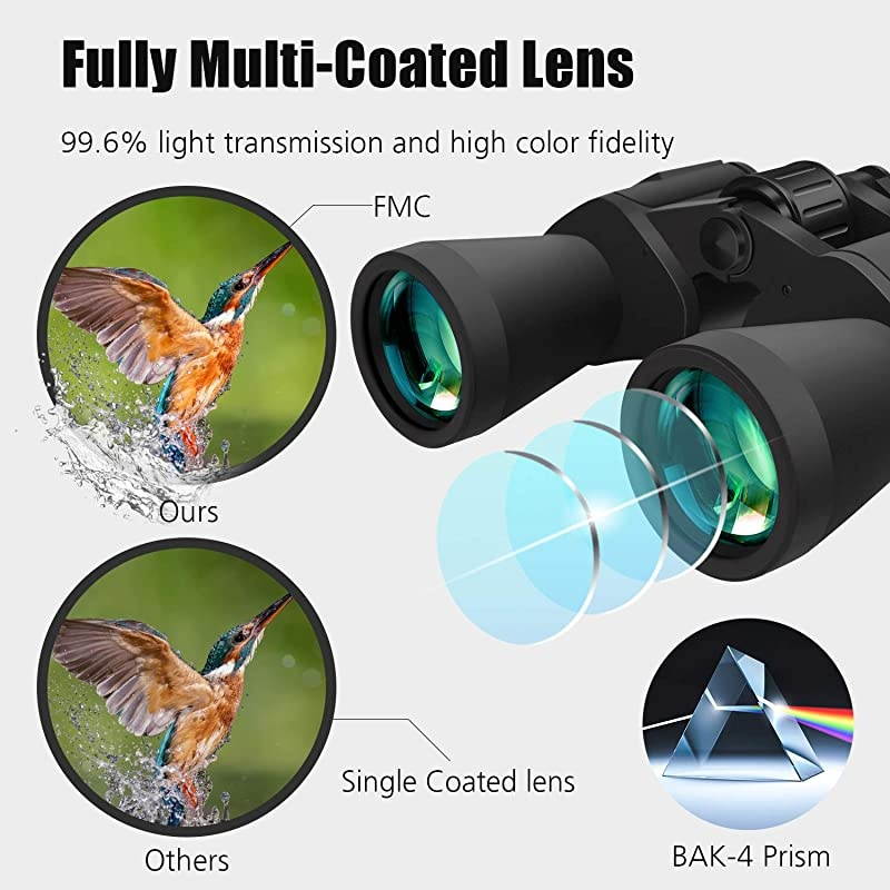 10x50 Binoculars for Adults - BAK4 Prism FMC Lens with Low Light Vision - Powerful Large Eyepiece Binoculars for Bird Watching, Hunting, Wildlife