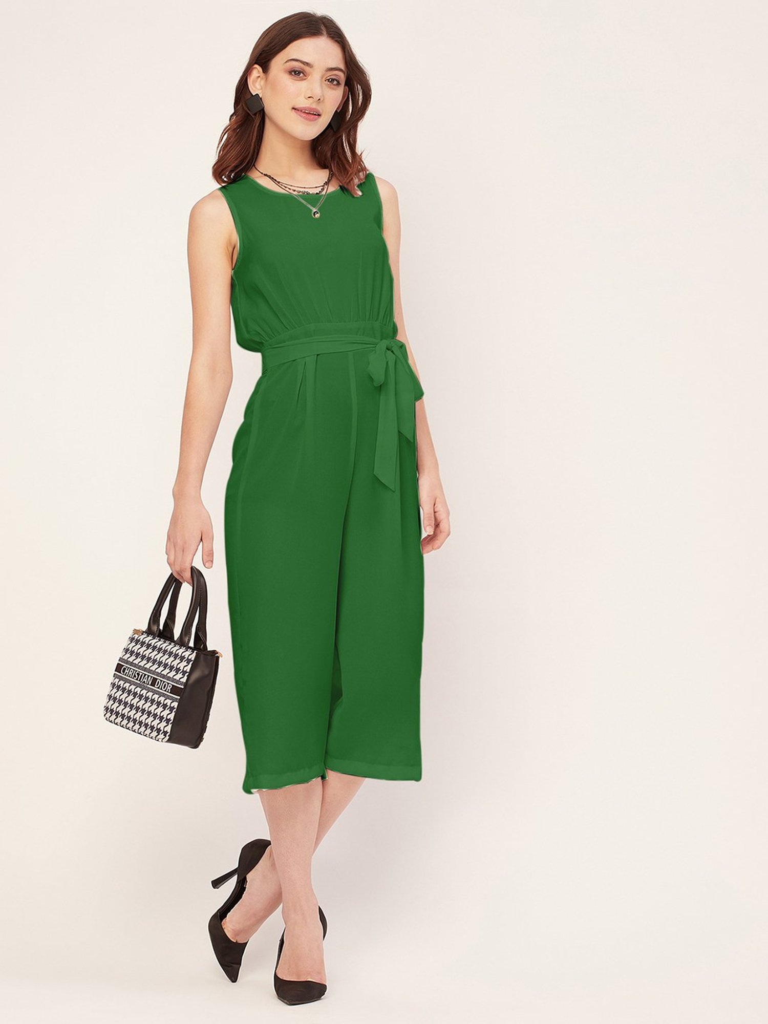 Moomaya Green Georgette Midi Jumpsuit