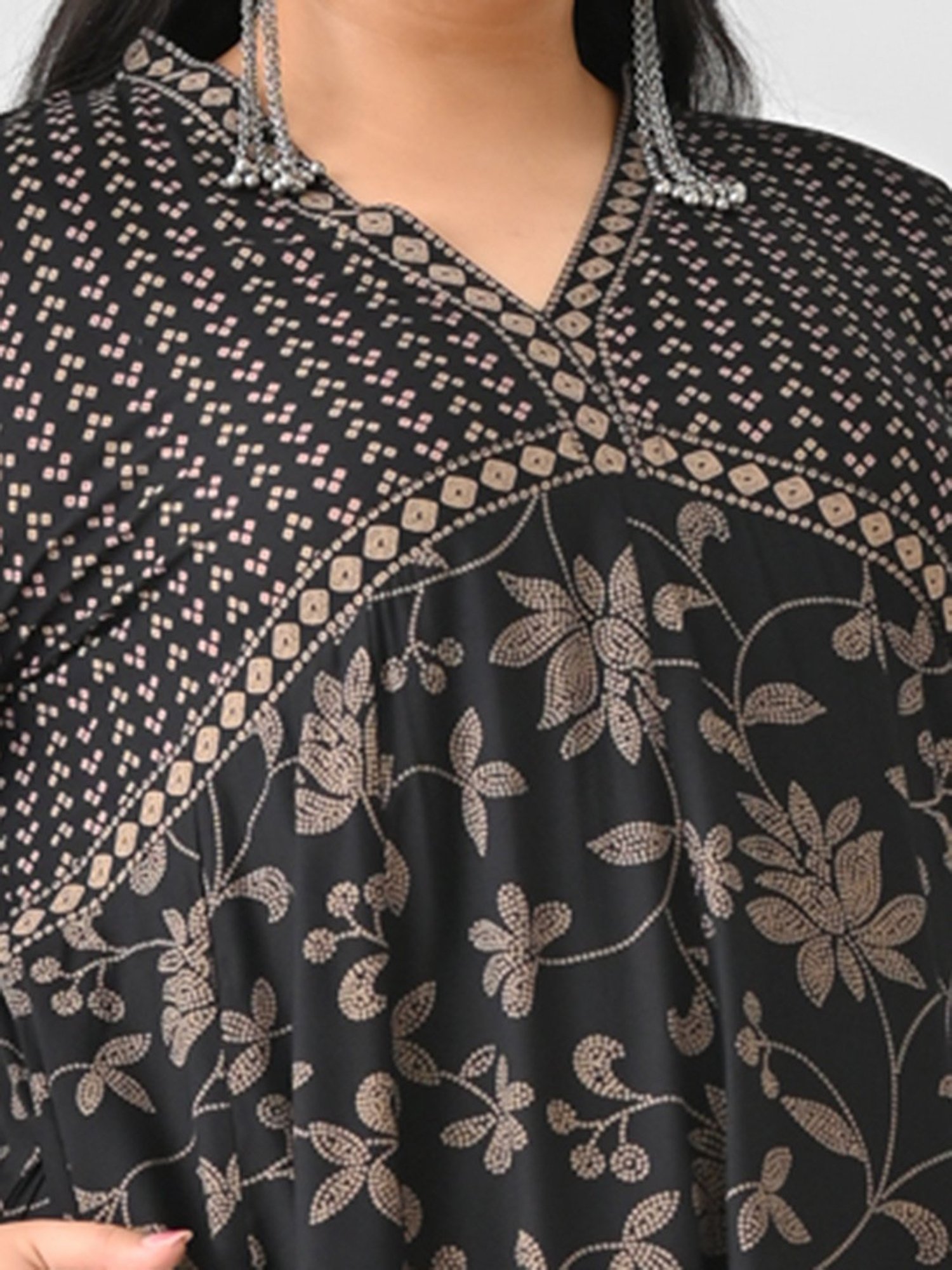 Rustorange Black Floral Print Ethnic Dress