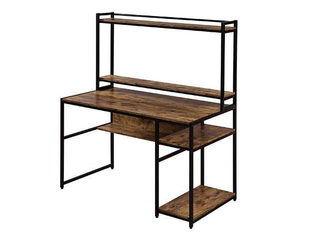 Home Office Game Table Computer Desk with 2-Tier Bookshelf and Open Storage Shelf Equipped with Removable Monitor Riser,Brown,GT55