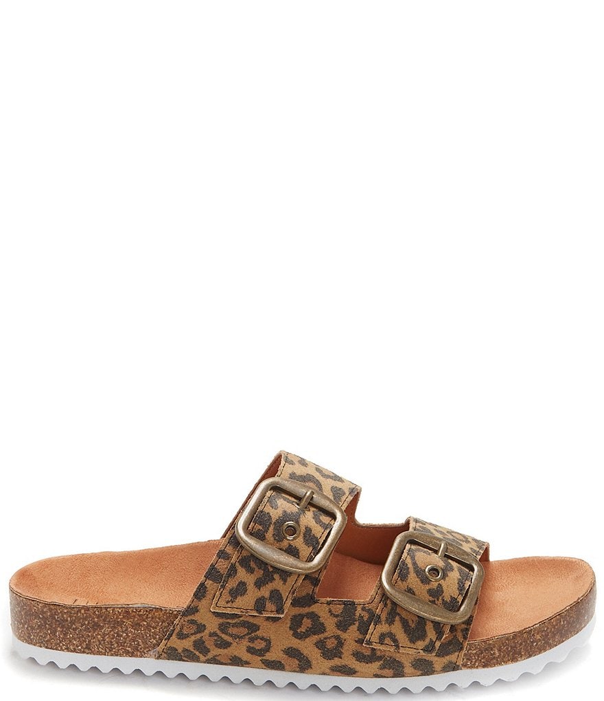 Lucky Brand Mella Leopard Print Leather Double Strap Footbed Slides
