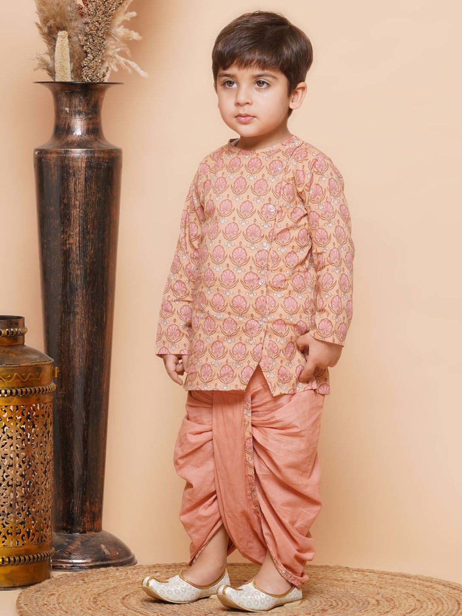 AJ Dezines Kids Peach Cotton Printed Full Sleeves Kurta Set