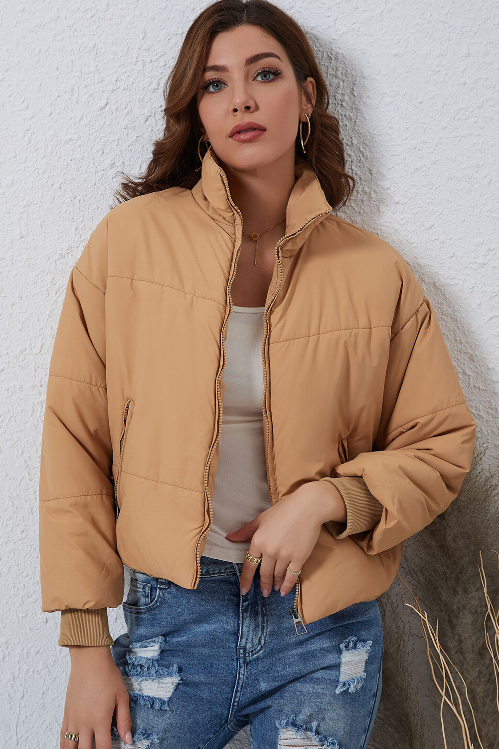 Brown Solid Zip Up Pocketed Puffer Coat