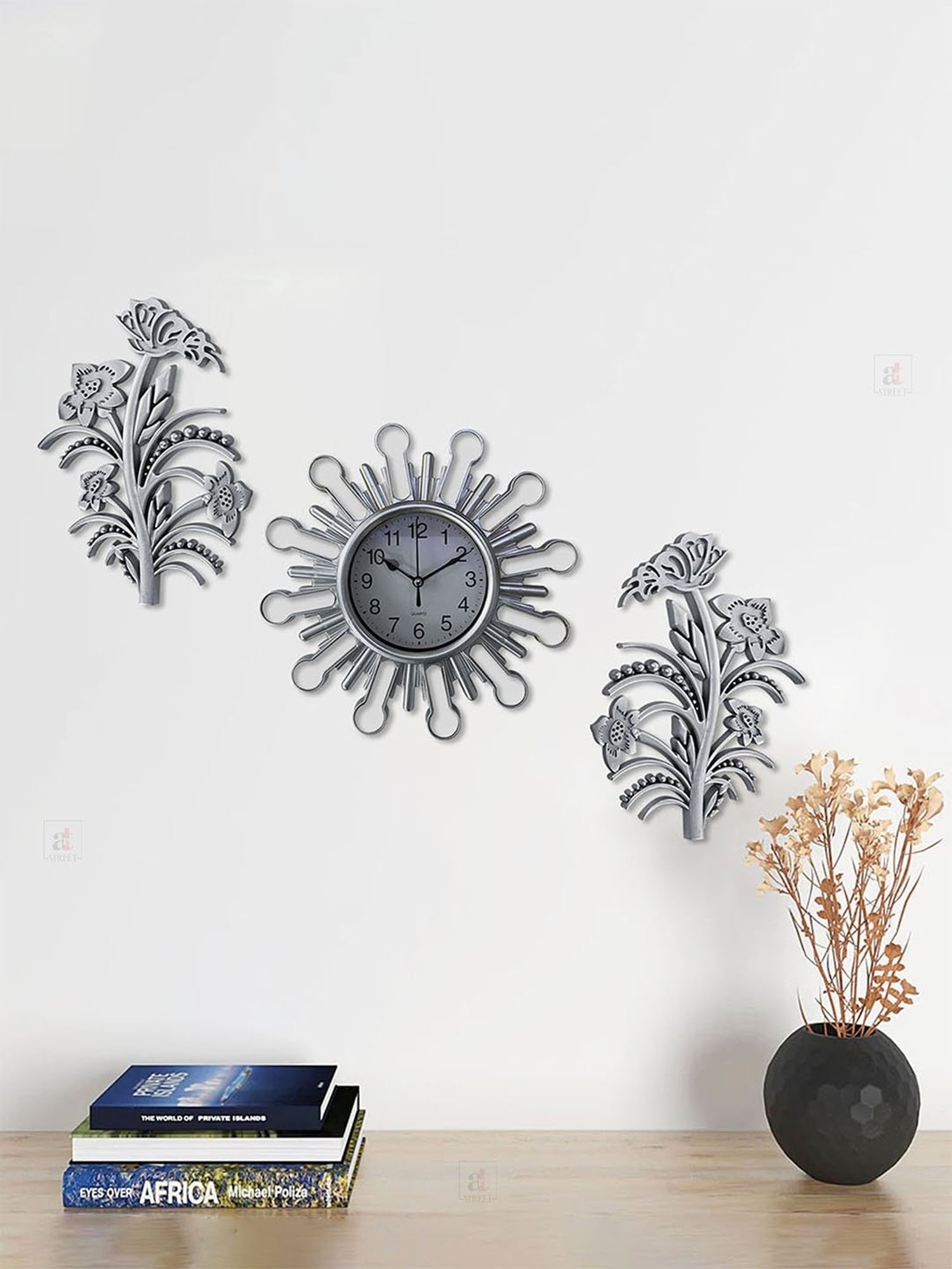 Art Street Silver Plastic Wall Clock with Leaf Set
