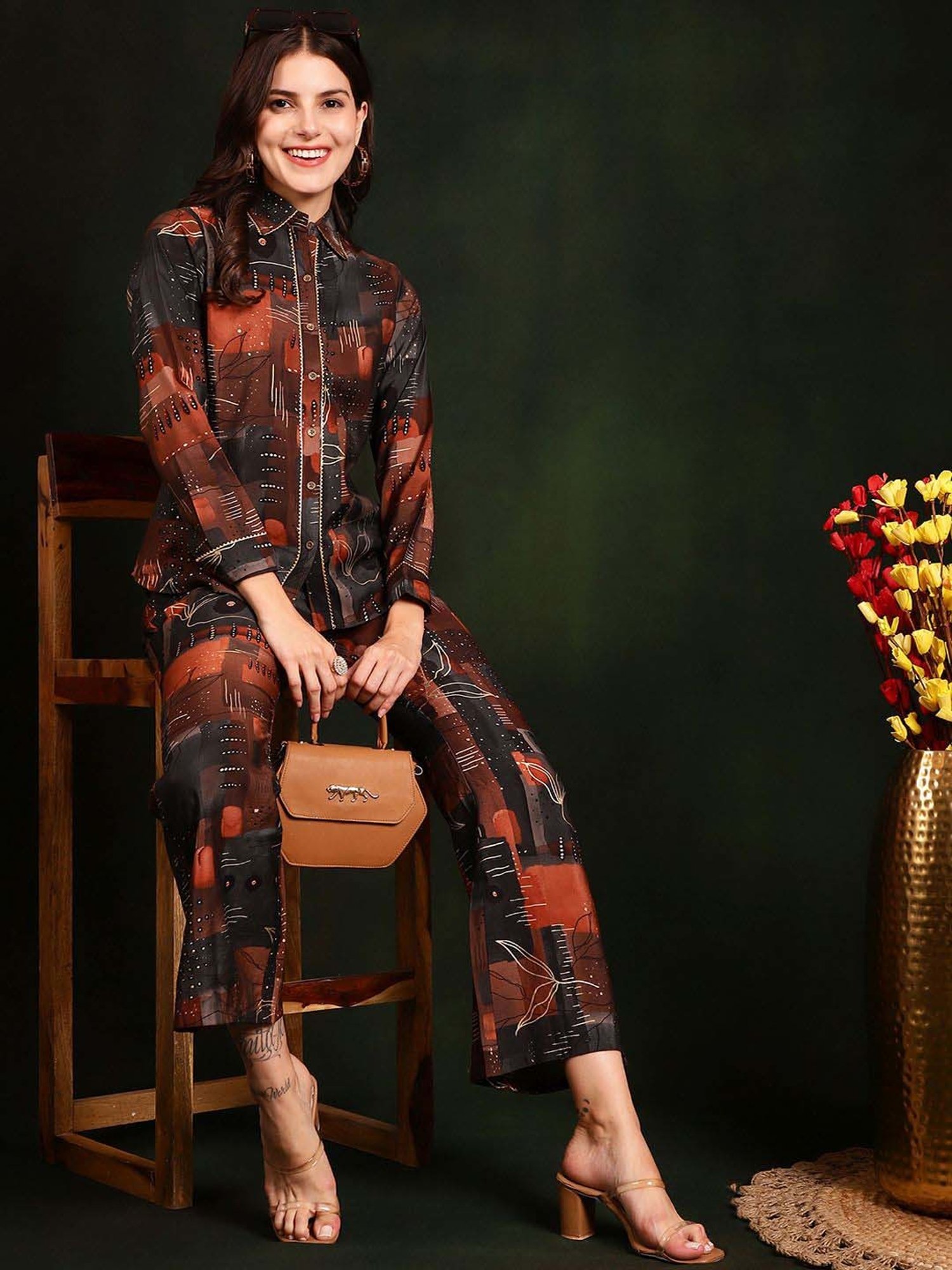 Claura Brown Printed Shirt Pant Set
