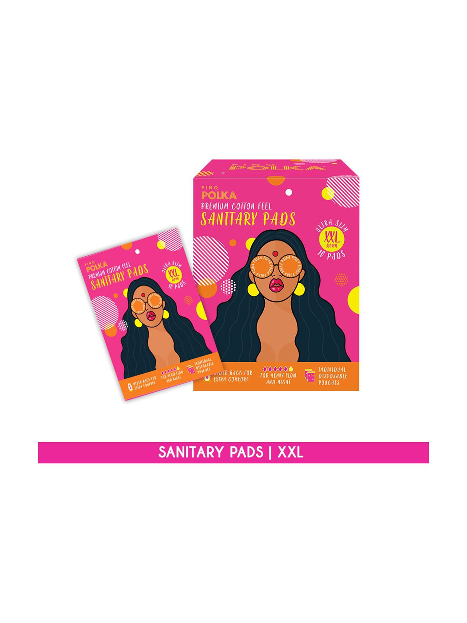 PINQ Polka Organic Cotton Ultra Sanitary Pads XXL with Disposable Biodegradable Pouch,Pack of 10