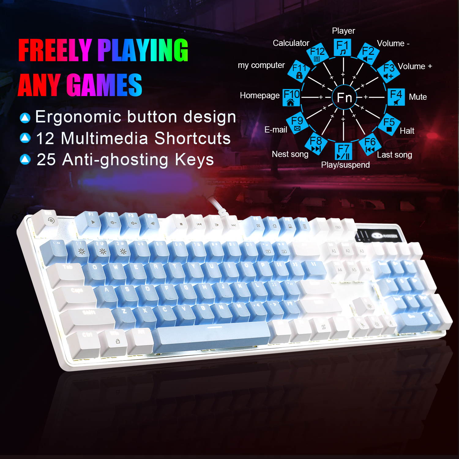 Mechanical Gaming Keyboard, MageGee 2020 New Upgraded Blue Switch 104 Keys White Backlit Keyboards, USB Wired Mechanical Computer Keyboard for Laptop, Desktop, PC Gamers(White & Blue)