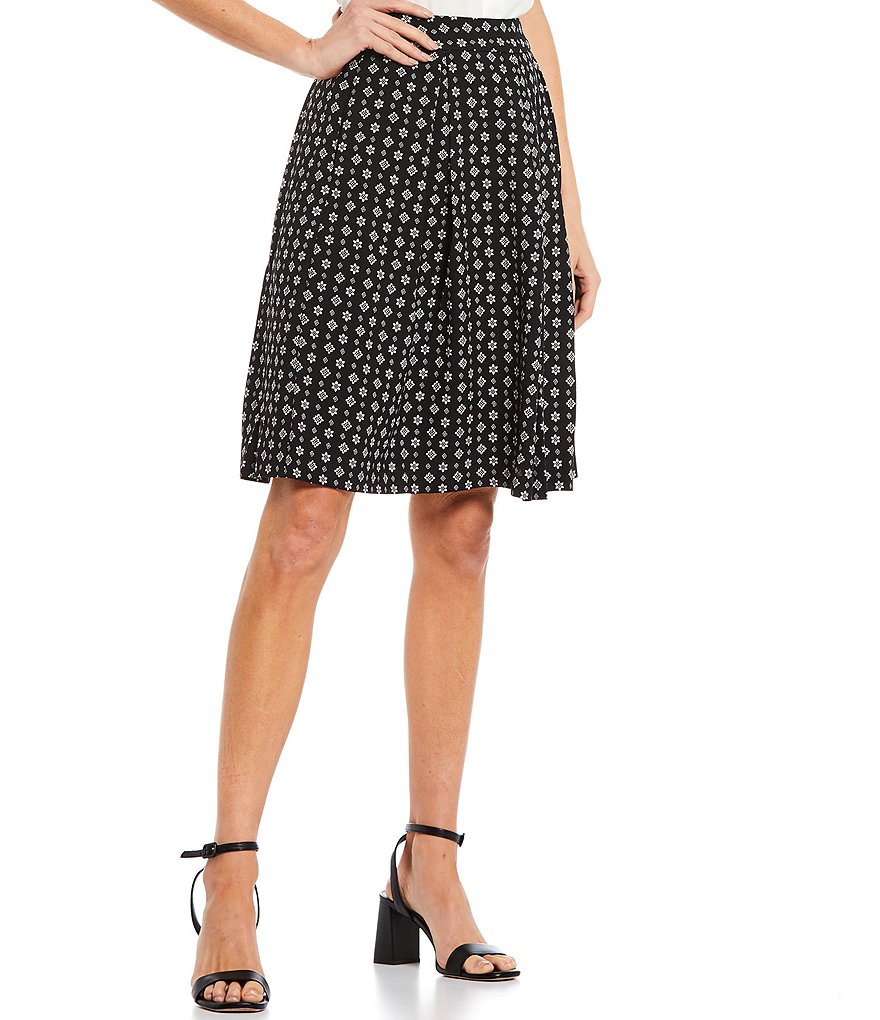 Tahari ASL Inverted Pleat Polka Dot Print Crepe Skirt