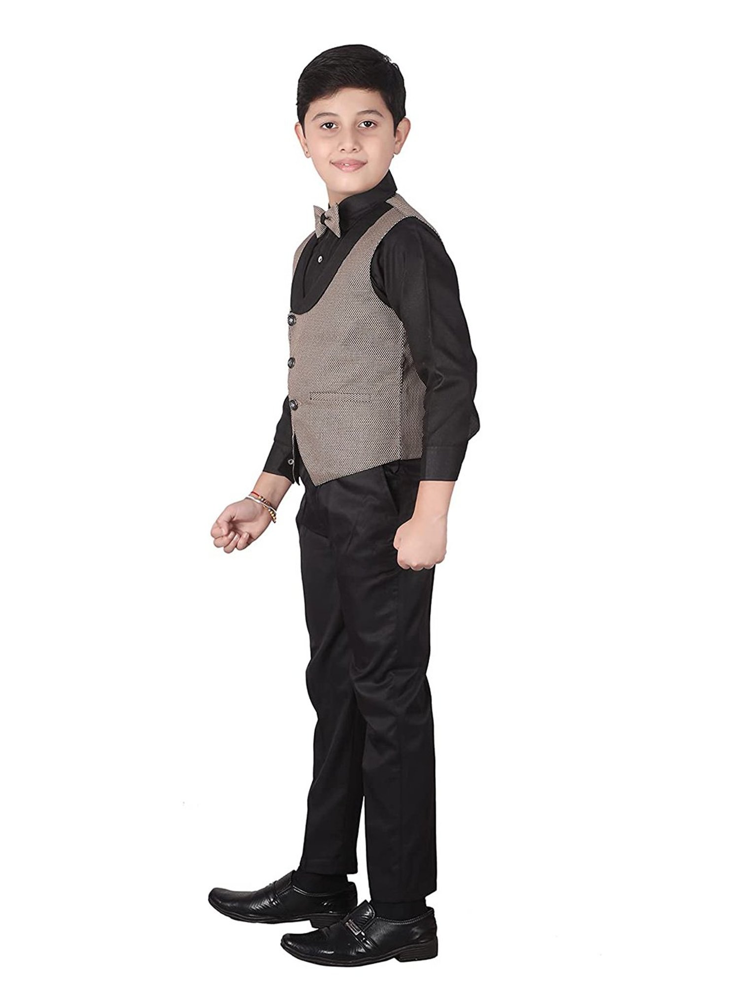 Pro-Ethic Style Developer Kids Beige & Black Printed Full Sleeves Shirt, Waistcoat, Pants with Bow