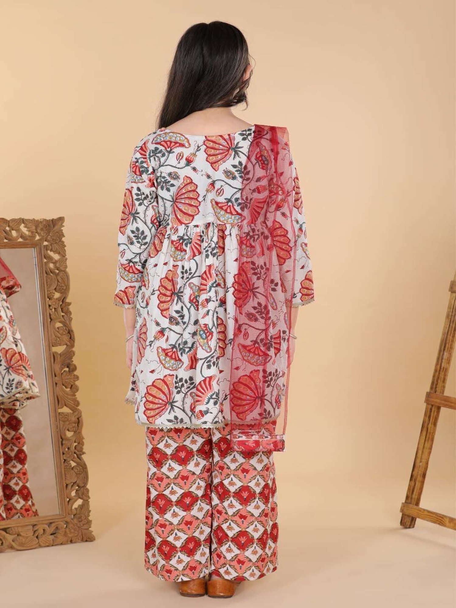 AJ Dezines Kids White & Pink Floral Print Kurta Set