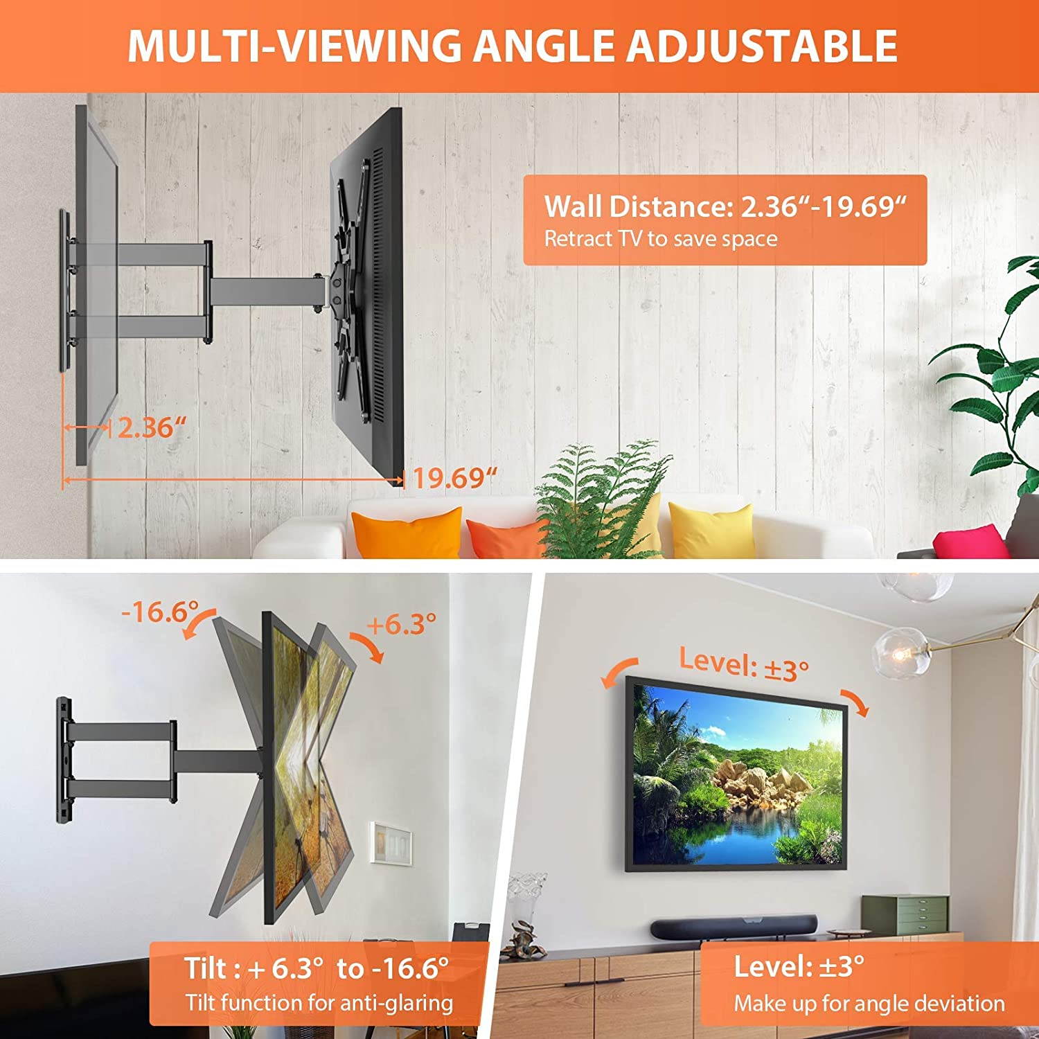 Full Motion TV Wall Mount for 23-55 Inch LED LCD Flat Curved TVs with Swivel Articulating Extends Tilt Arm fit Max VESA 400x400mm up to 88lbs