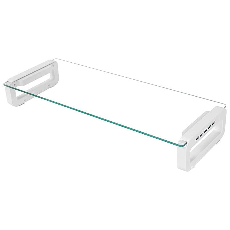 Stand Riser, 4-Port USB 3.0 Hub Tempered Glass Riser Quick Charge 5Gbps High-Speed Transfer Data Desk Organizer Keyboard & Mouse Storage with USB Cable for Laptop PC MacBook,White