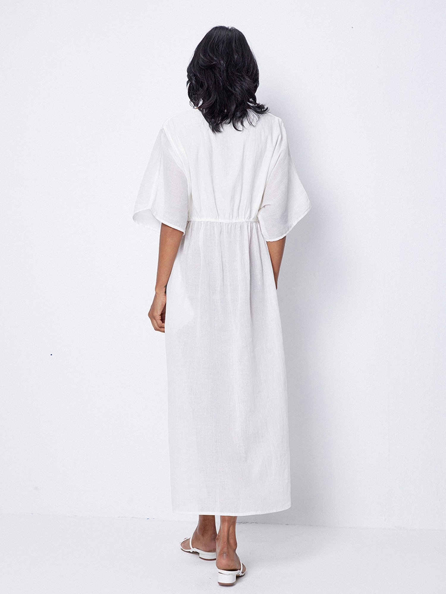 ANCESTRY White Cotton Printed Midi Dress