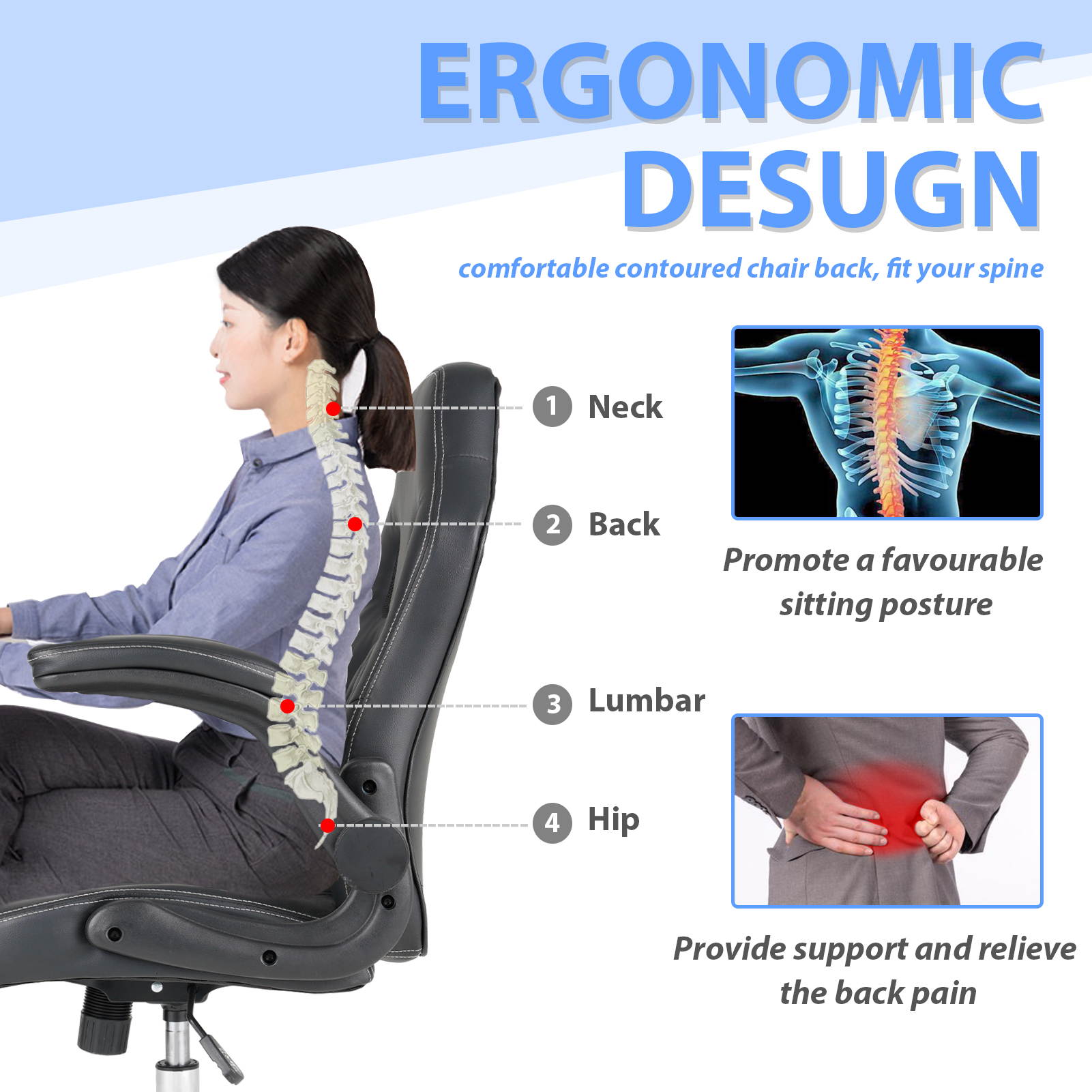 Office Chair, Gaming Chair Bonded Leather, Ergonomic Computer Desk Chair Task Swivel Executive Chairs High Back with Flip-up Armrests and Rolling Casters (Black)