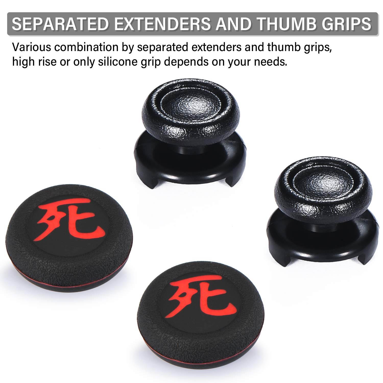 FPS Thumbstick Extender & Printing Rubber Silicone Grip Cover 2 Sets for PS5 Dualsenese & PS4 Controller (Death of Kanji)