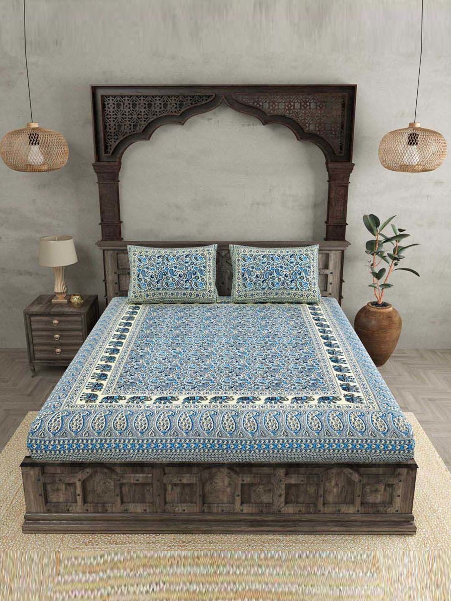 JaipurFabric Blue Cotton 180 TC Double Bedsheet with 2 Pillow Covers