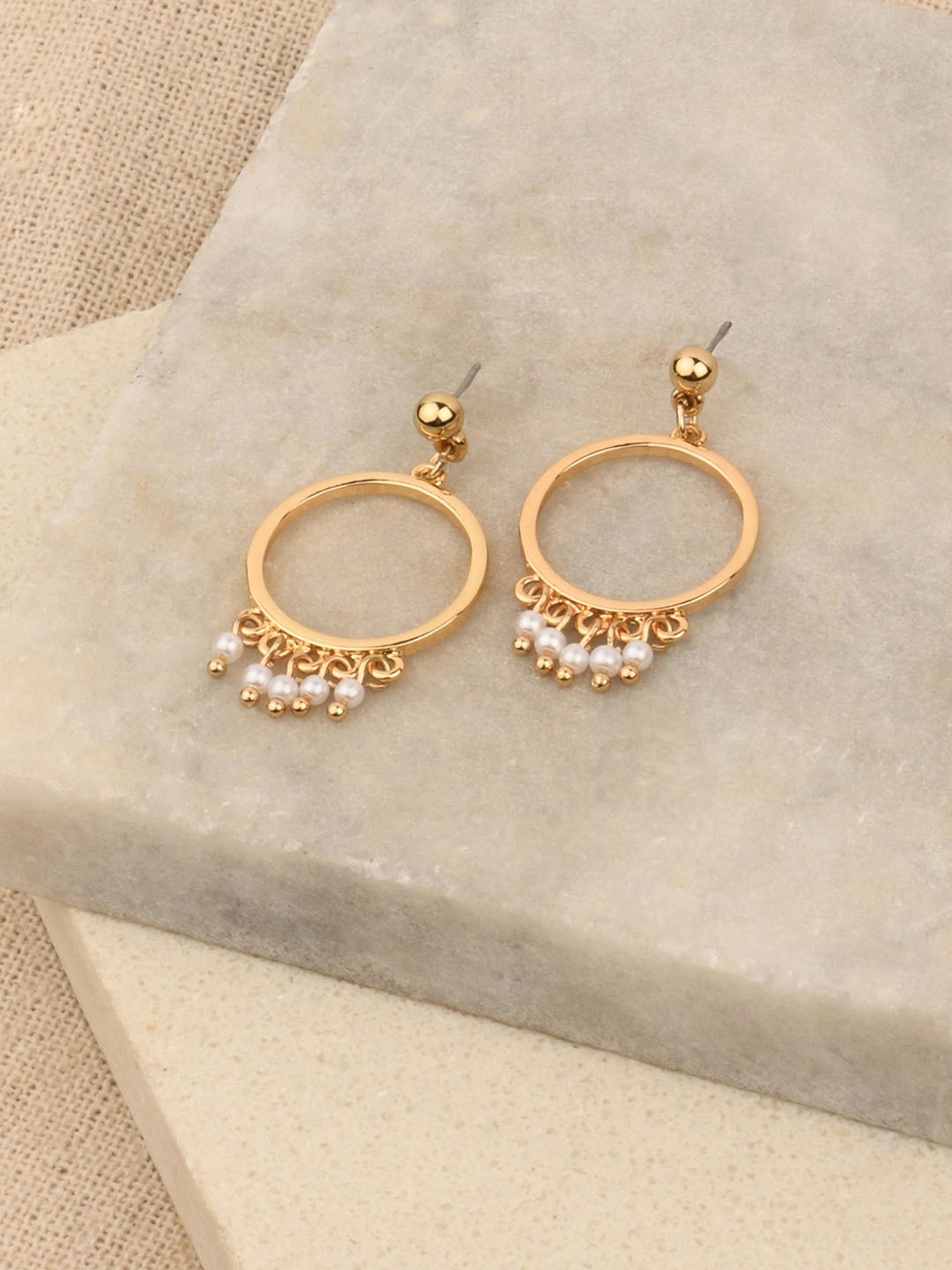 ToniQ Stylish Gold-Plated Circular White Pearl Dangler Earrings For Women