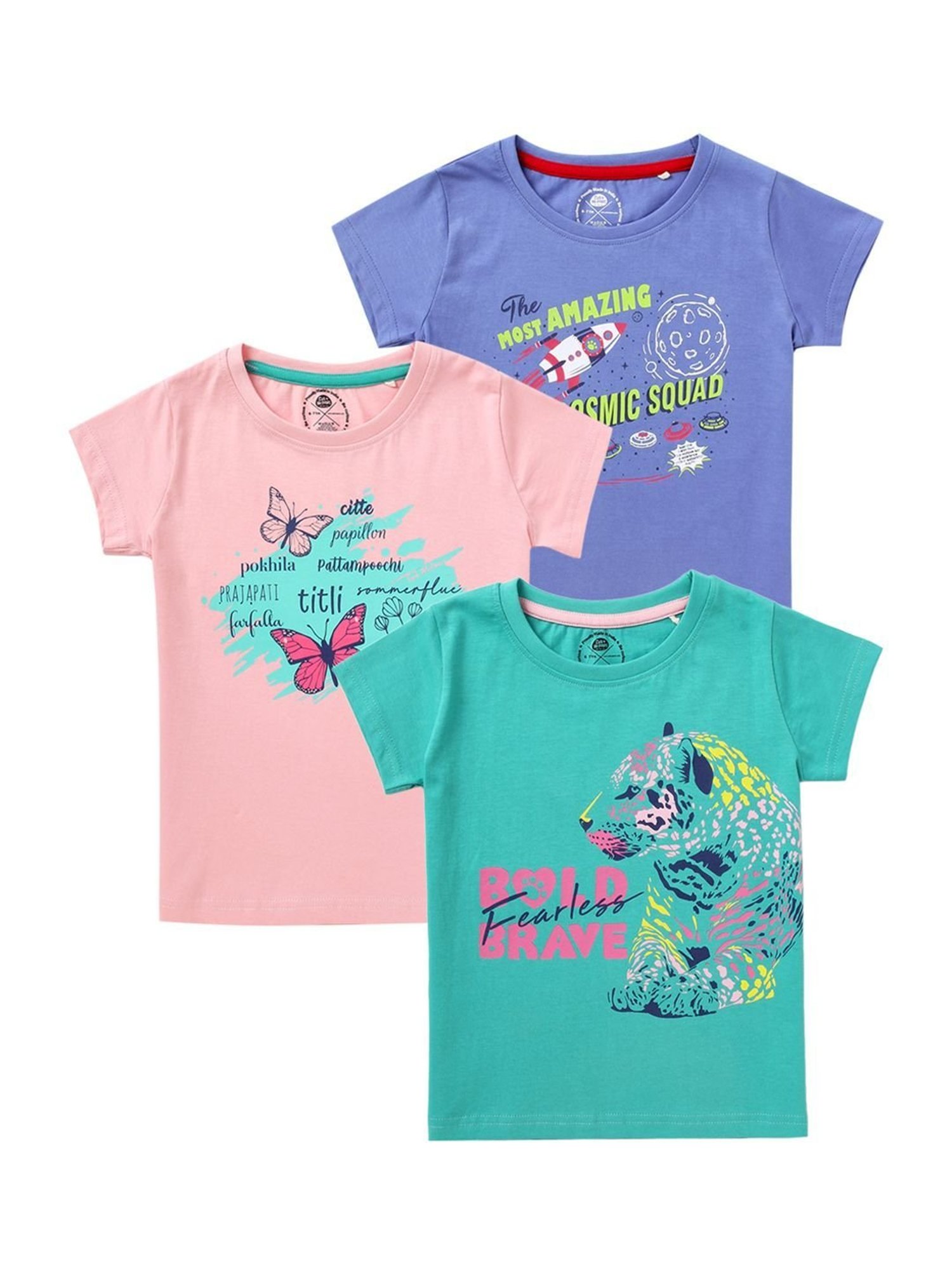Cub McPaws Kids Multicolor Cotton Printed T-Shirt (Pack of 3)