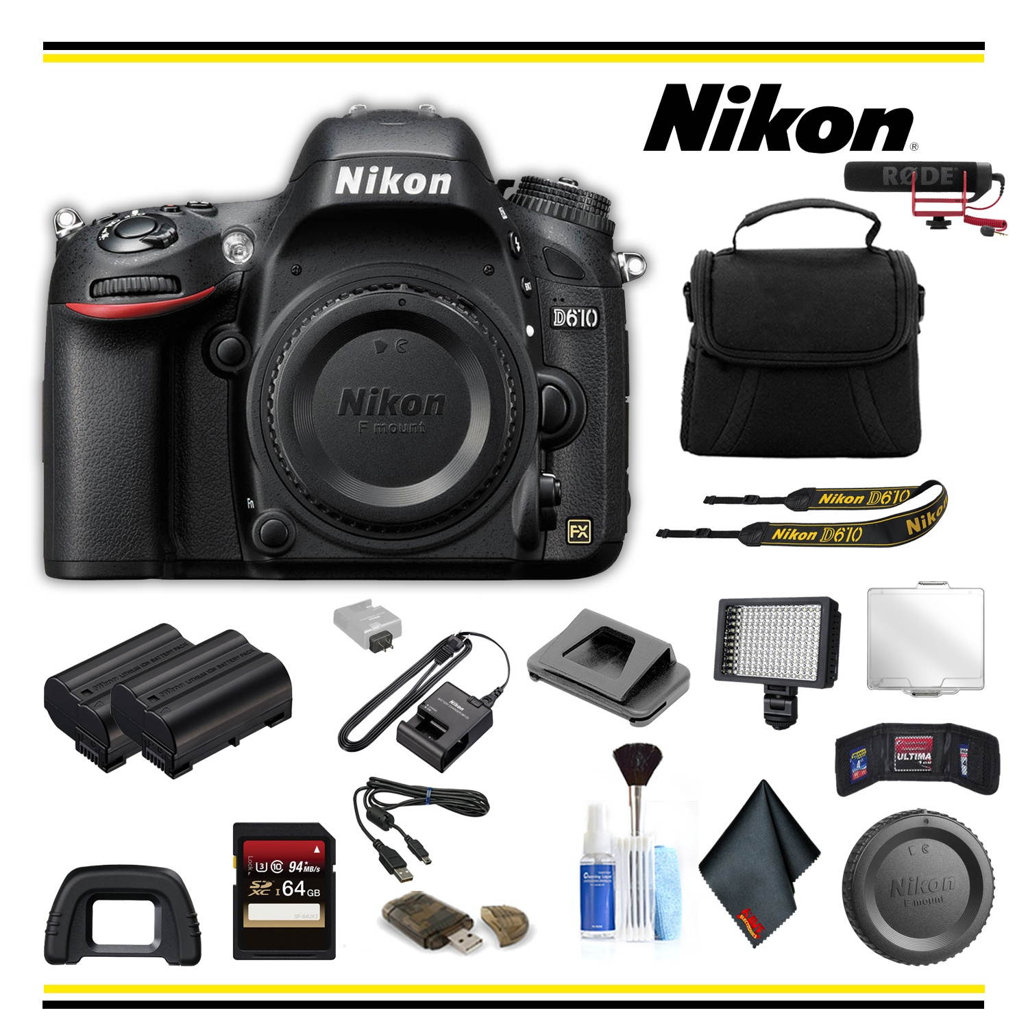 Nikon D610 DSLR Camera Advanced Bundle W/ Bag, Extra Battery, LED Light, Mic, and More - (Intl Model)