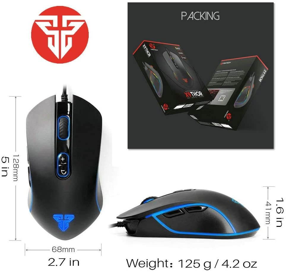 Fantech Basic Wired Gaming Mouse X9 RGB 7 Macro Buttons Programmable True 4800 DPI Claw Grip Comfort Beginner Gaming Mouse for Window PC Black