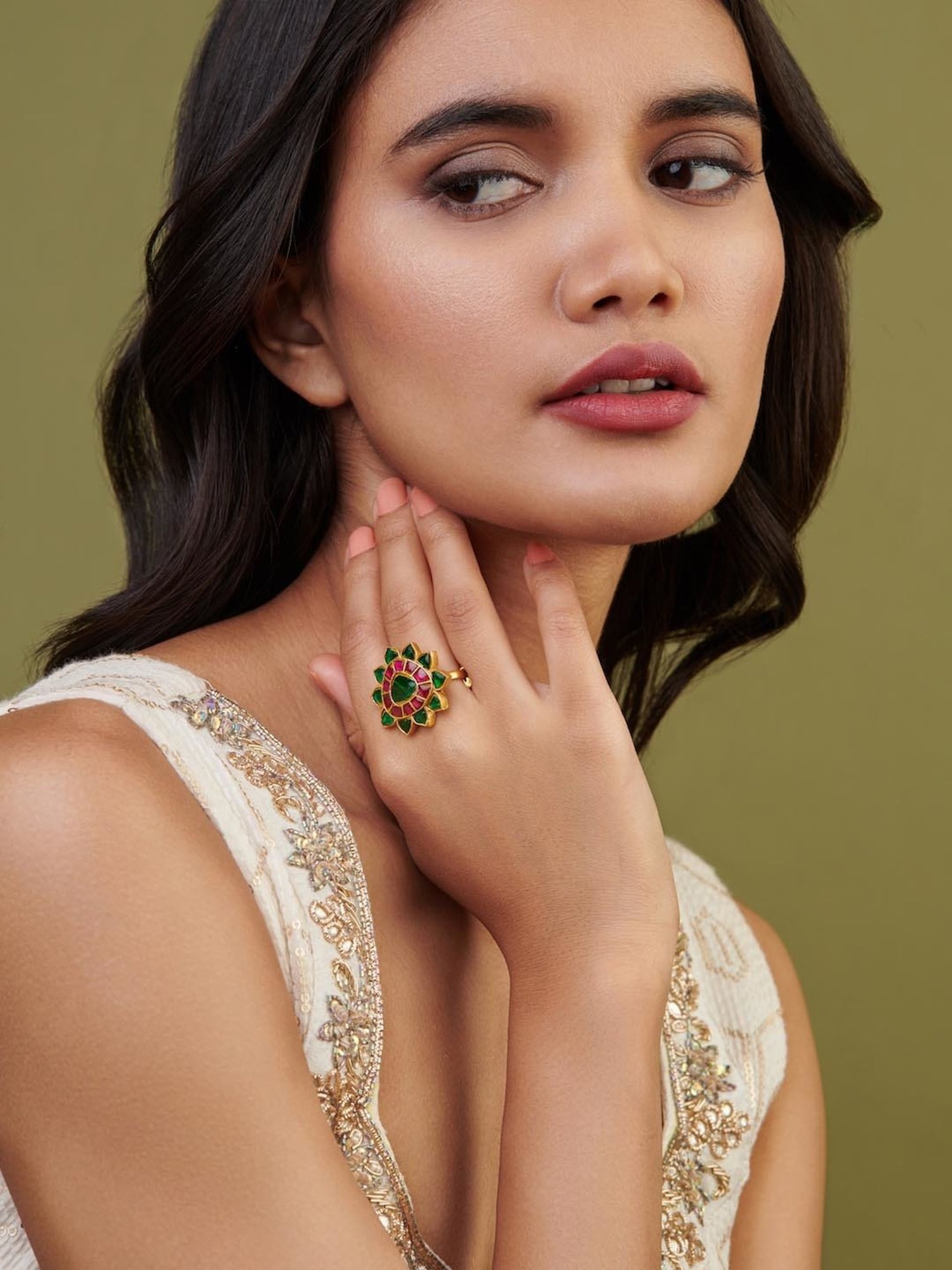 Curio Cottage Meira Lotus Jadau Green & Dark Pink Cocktail Ring