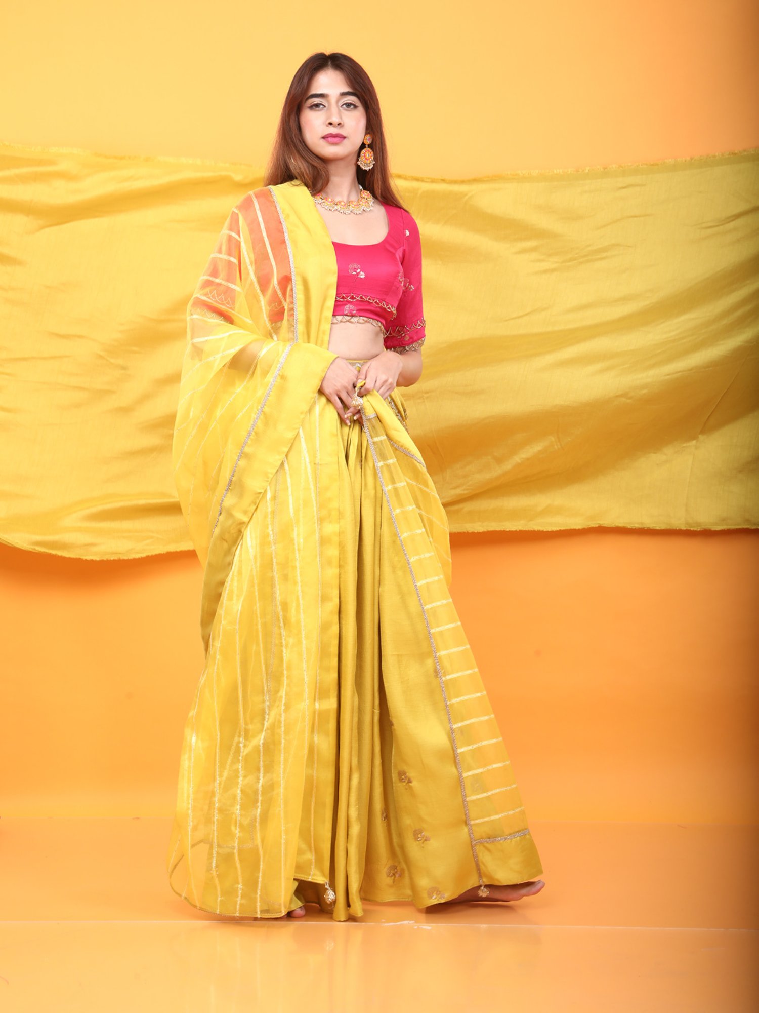 Monk & Mei Gulkari Lehenga and Blouse Set-Fuchsia Pink & Canary Yellow