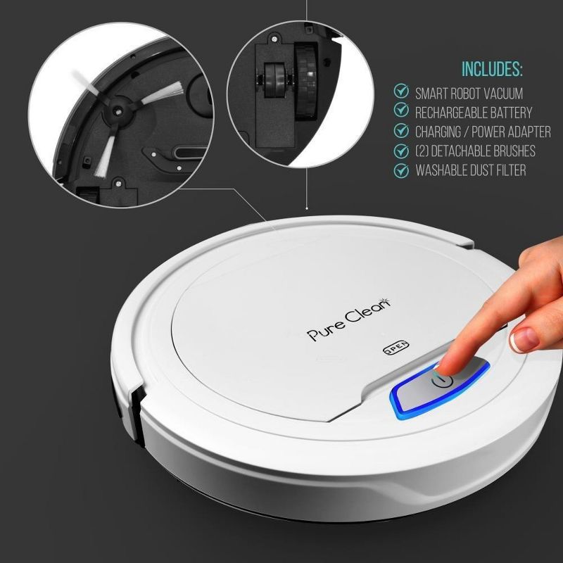 Pyle PUCRC25.5 PureClean Smart Automatic Robot Vacuum Compact Powerful Home Cleaning System for All Indoor Floor Surfaces, White