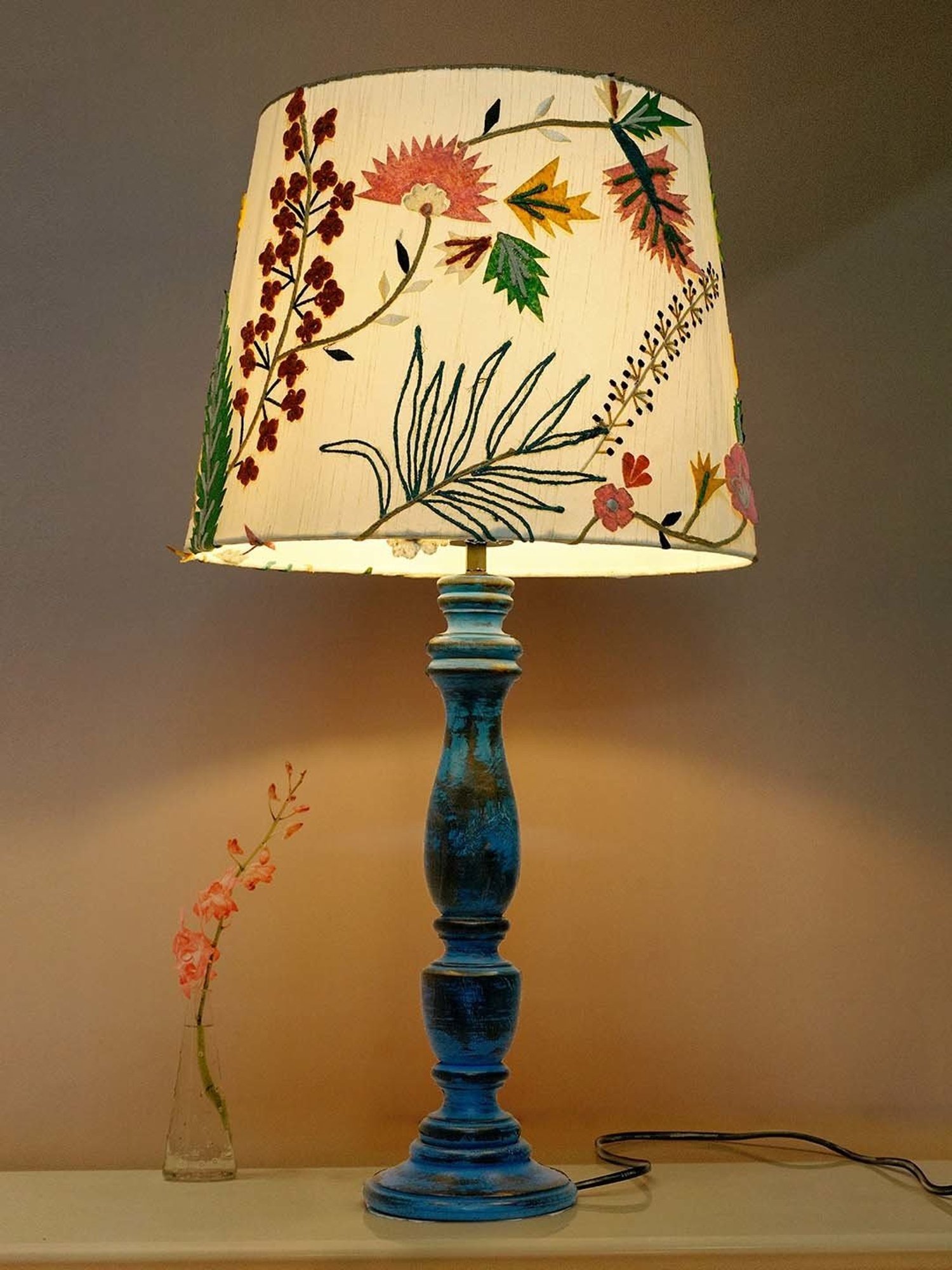 FOS LIGHTING Distressed White & Blue Wood Table Lamp With Fabric Shade