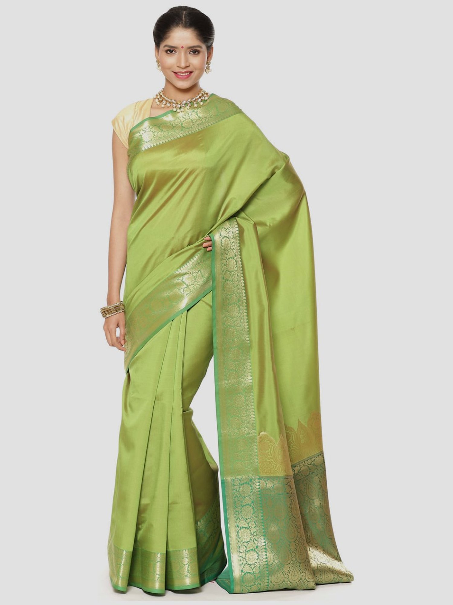 Banarasi Silk Works Green Woven Saree With Unstitched Blouse
