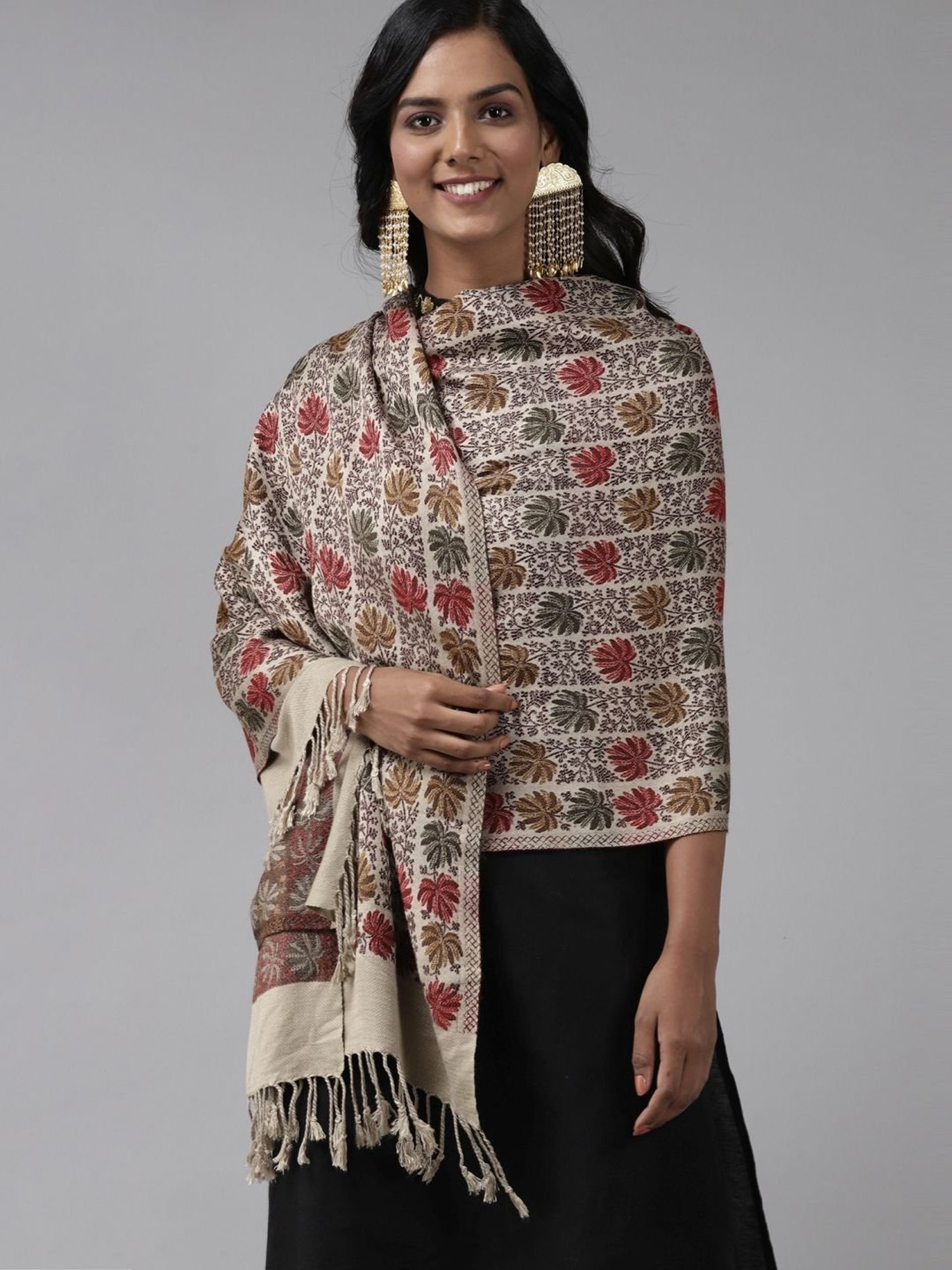 Indo Era Beige & Red Woven Pattern Shawl
