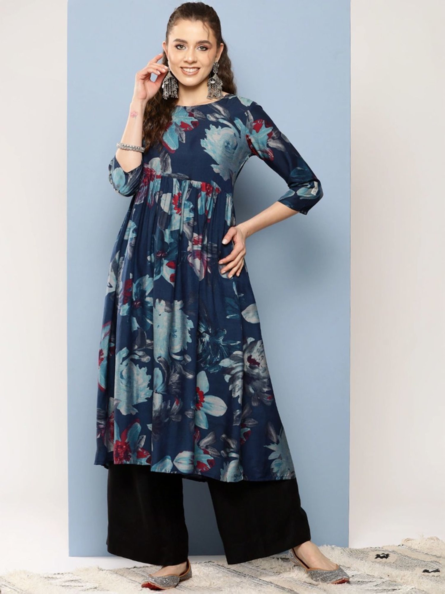 Aarika Blue Floral Print A Line Kurta