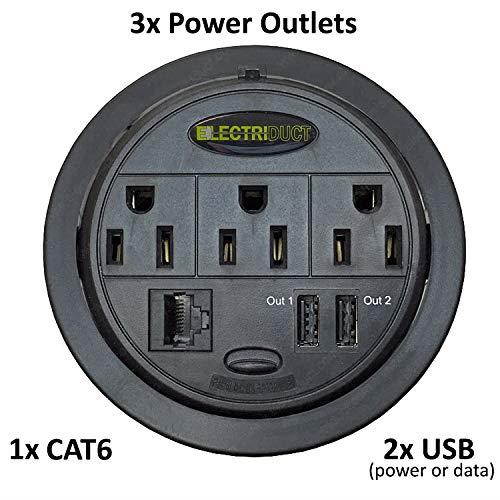 Power Tap Grommet with Hidden Power Center w/ 3 Power, 2 USB & 1 CAT6 - Black