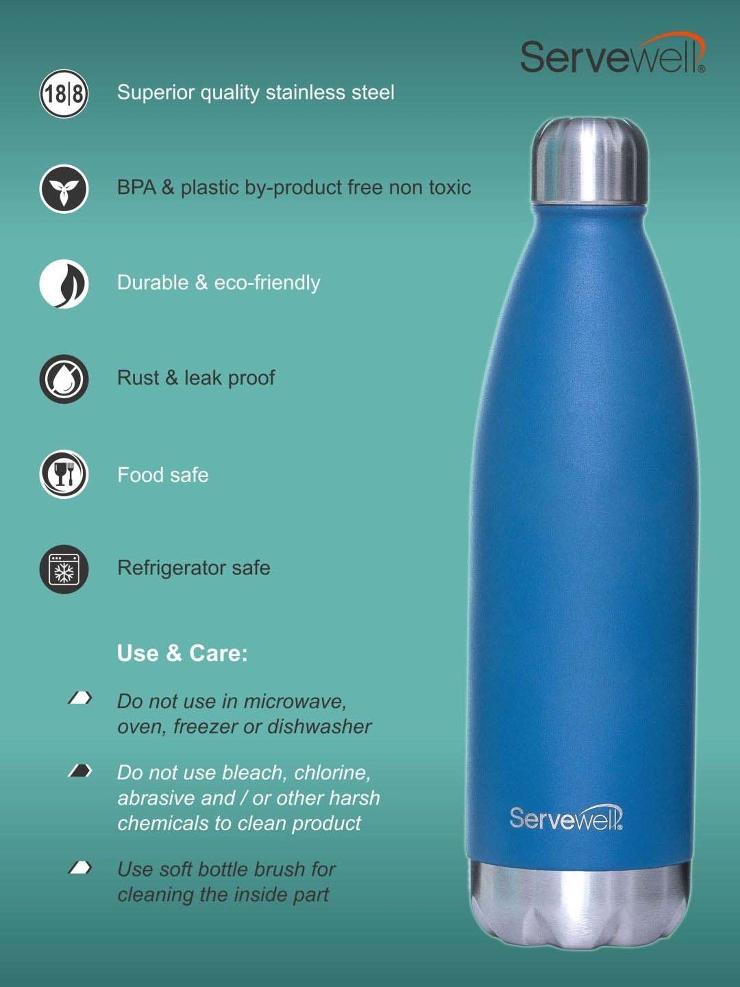 Servewell Imperial Blue Steel Bali Single Wall Water Bottle (1 L)