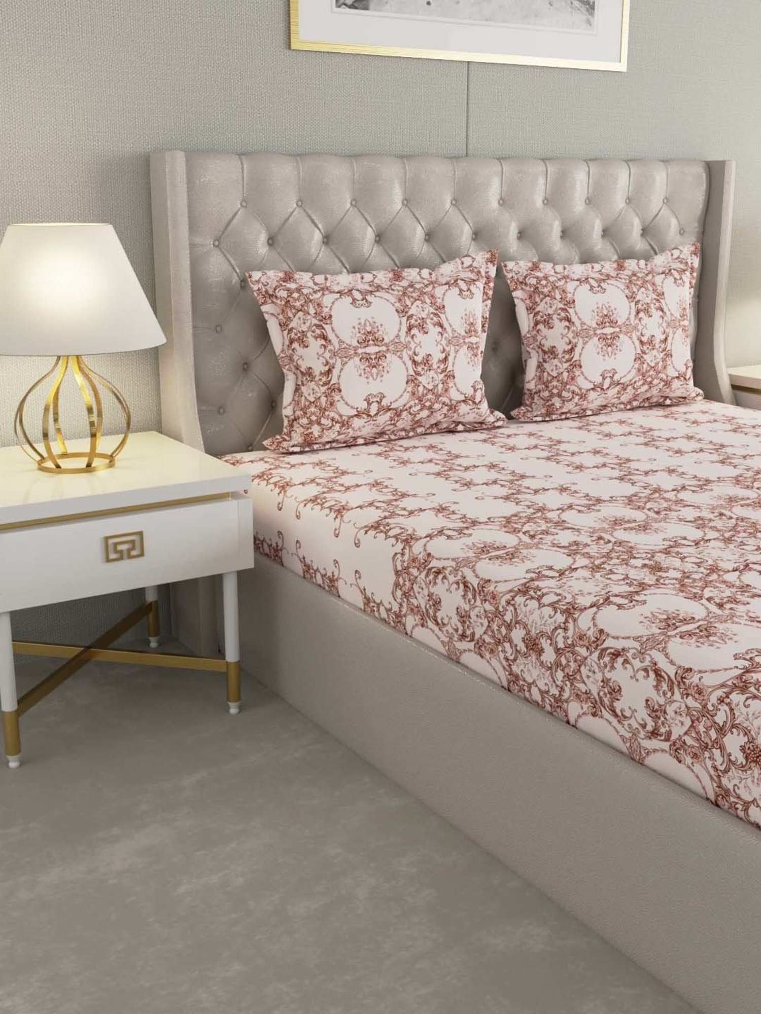 Raymond Home Brown & White Cotton 144 TC King Bedsheet with 2 Pillow Covers