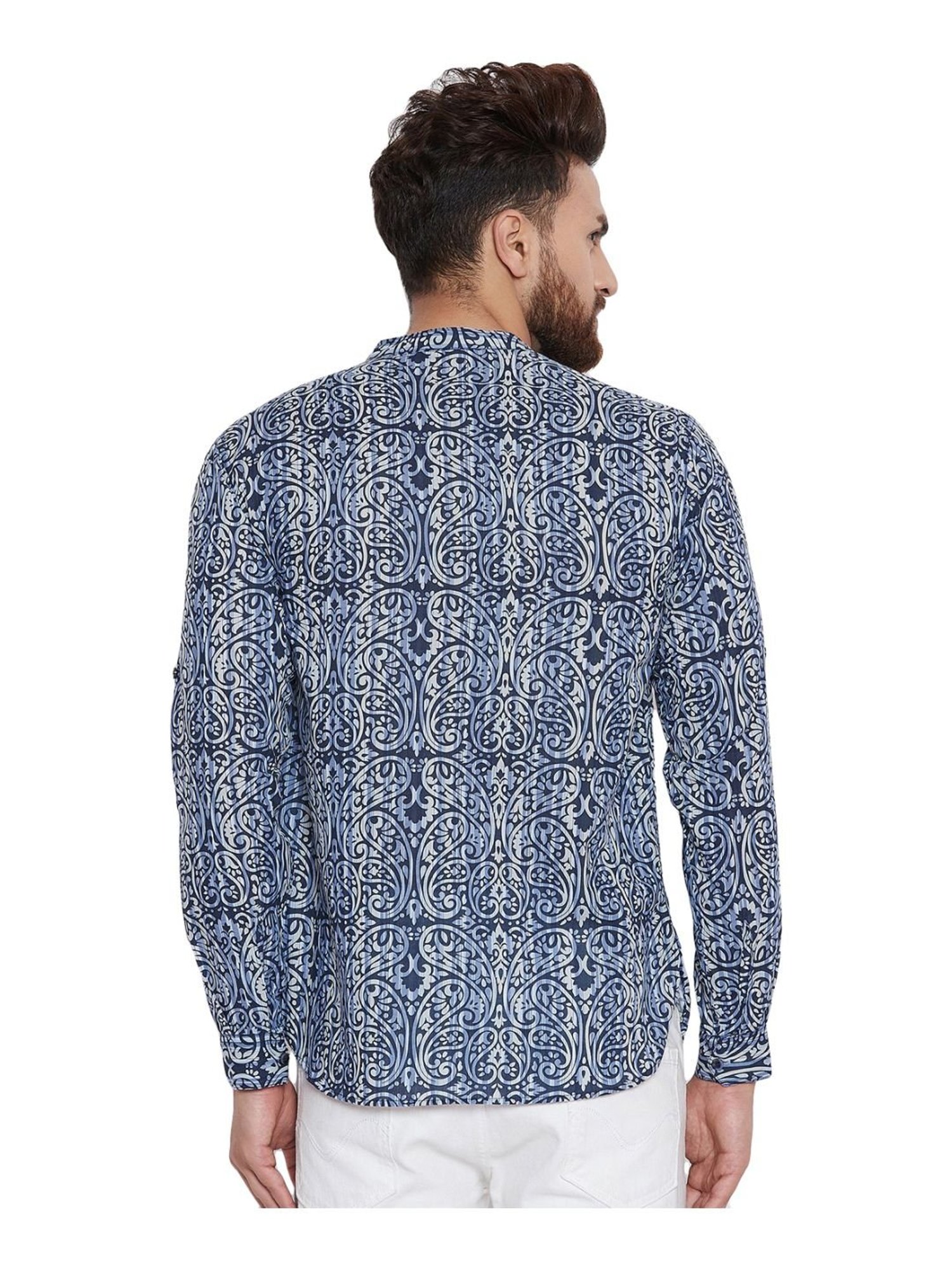 Even Blue Cotton Regular Fit Paisley Short Kurta