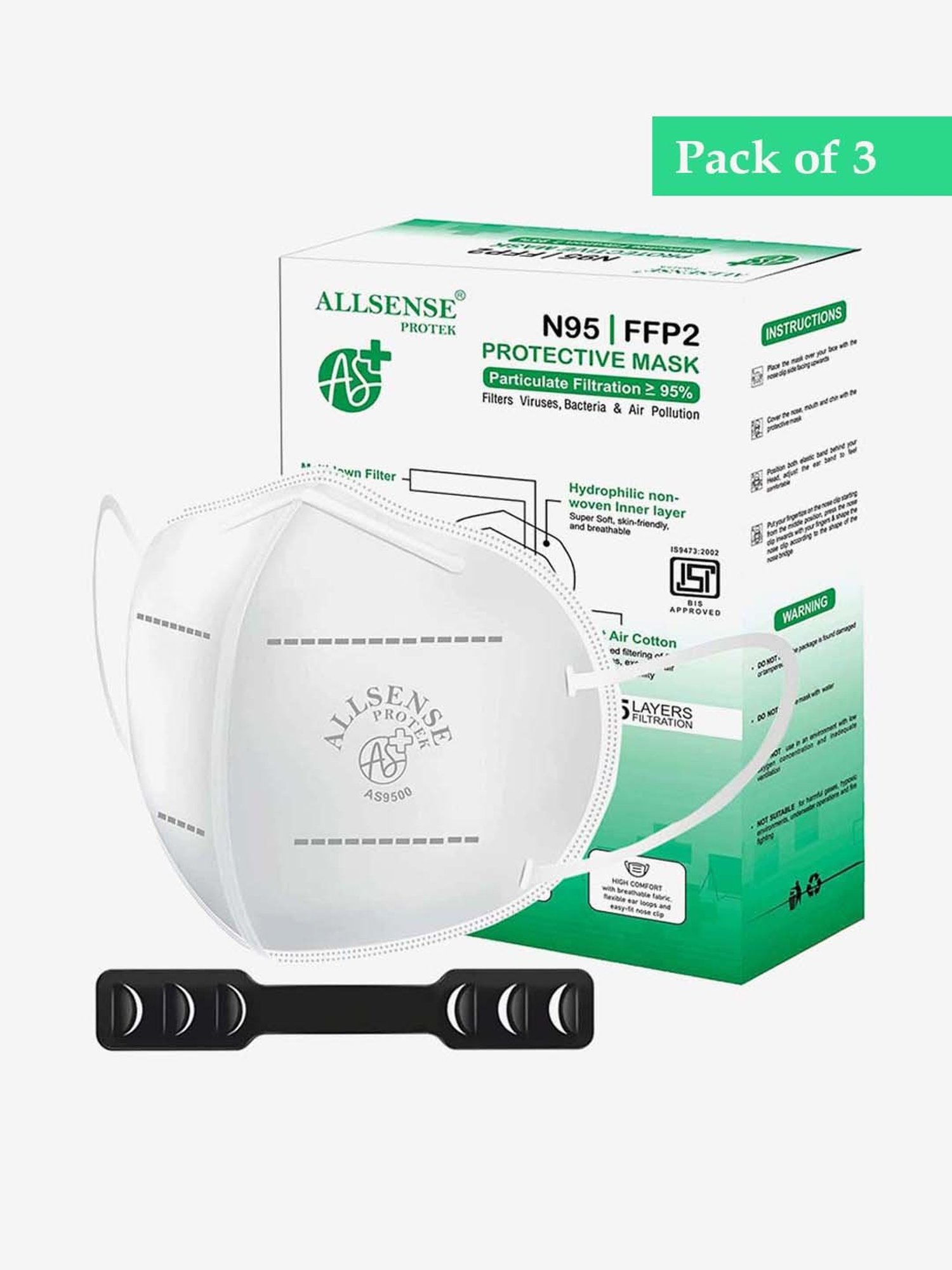 Allsense N95 FFP2 5 Layer Anti Pollution Face Mask with Ear Loop - Pack of 3 (White)