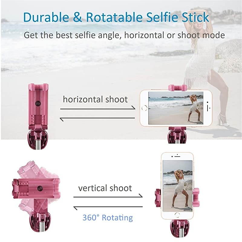 Selfie Stick Tripod Bluetooth,  Mini Extendable Aluminum Selfie Stick with Wireless Remote and Tripod Stand 360 Rotation for iPhone 11/XS/XR/X/8/7 Plus, Samsung and Android Phone (Pink)
