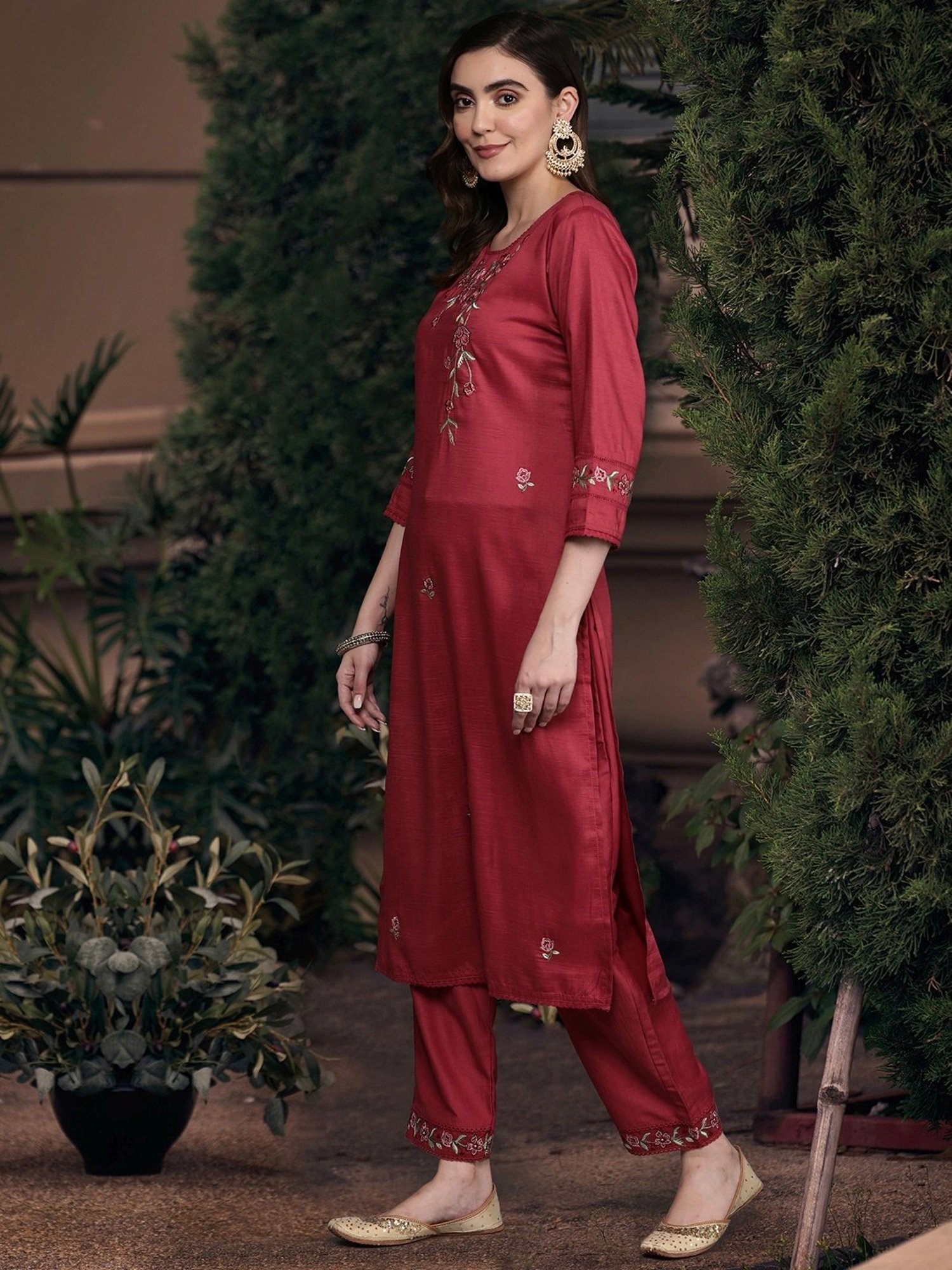 Indo Era Maroon Embroidered Kurta Pant Set With Dupatta