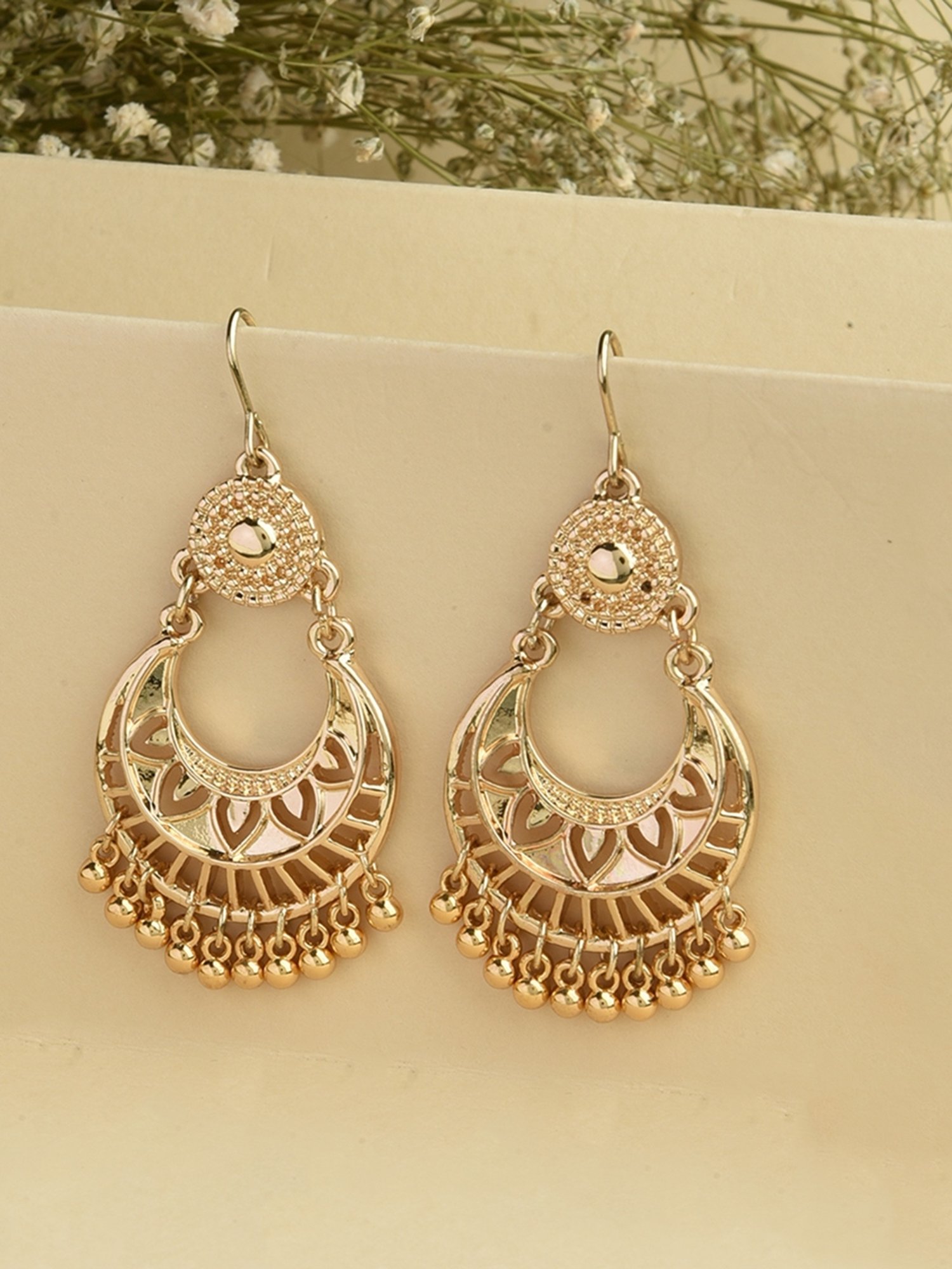 ToniQ Gold-Plated Floral Hook Chand Bali Earrings