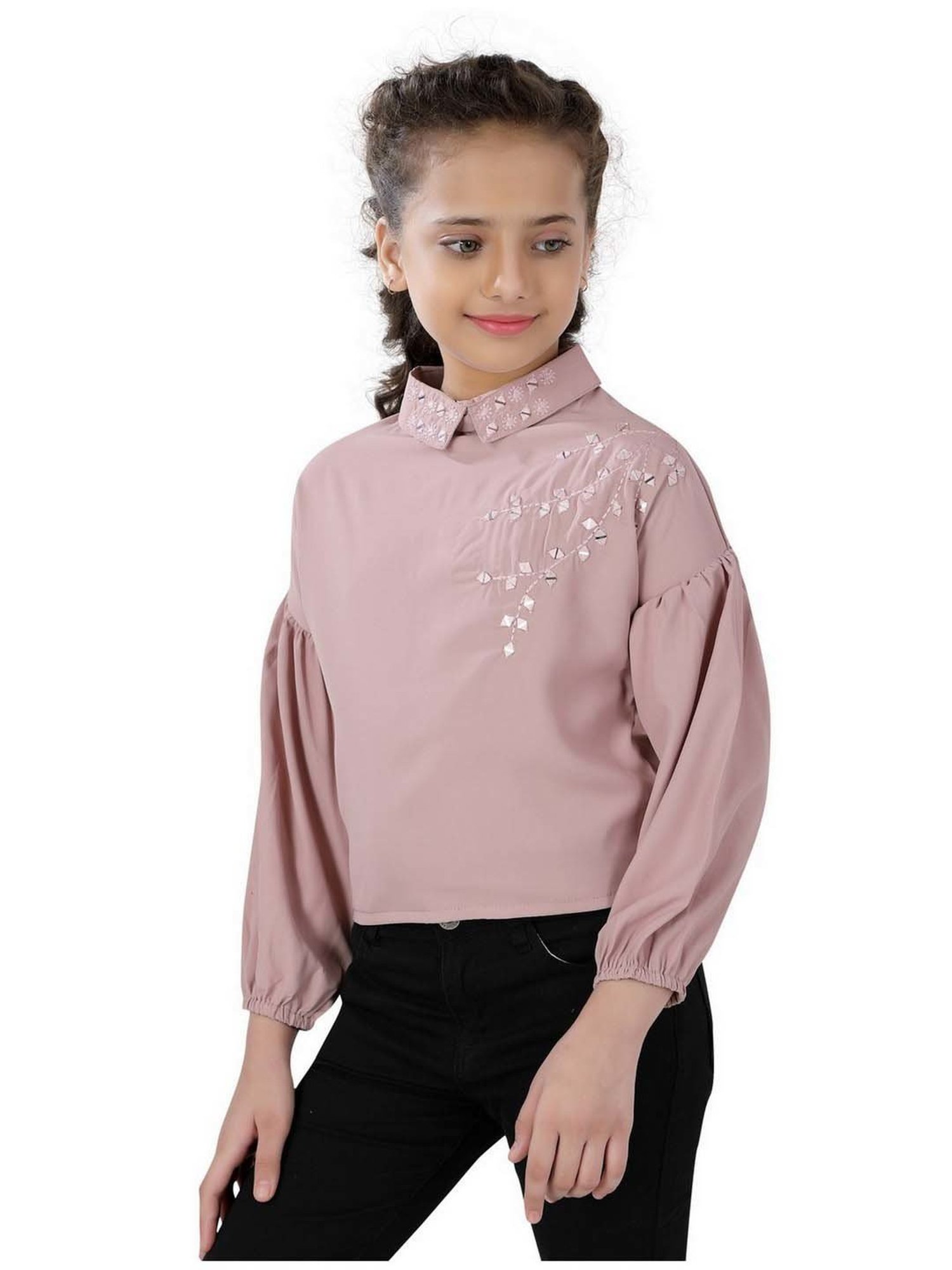 poplins Kids Pink Cotton Embellished Full Sleeves Top